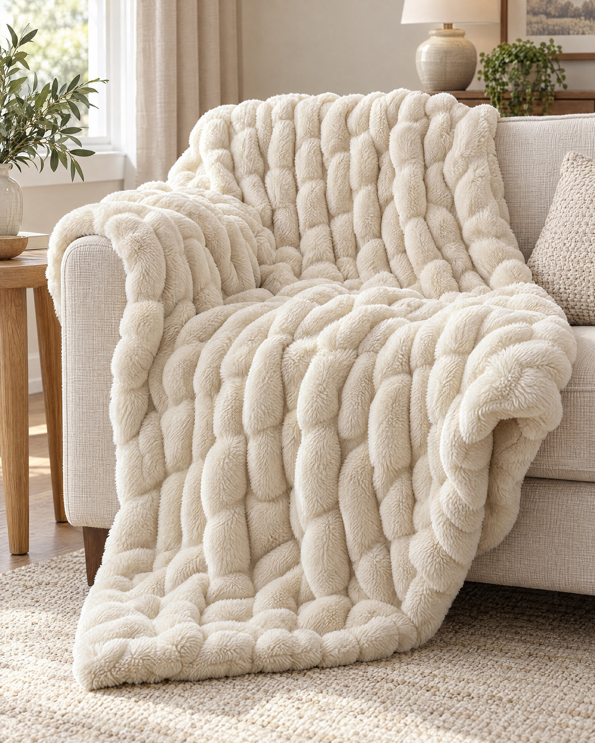 Ruched Bubble Plush Blanket, Cream, Sherpa Back draped over a sofa