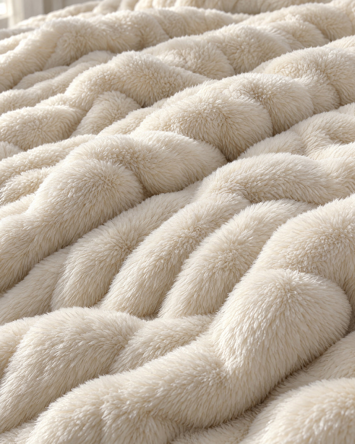 Close-up of the texture of the Ruched Bubble Plush Blanket, Cream, Sherpa Back