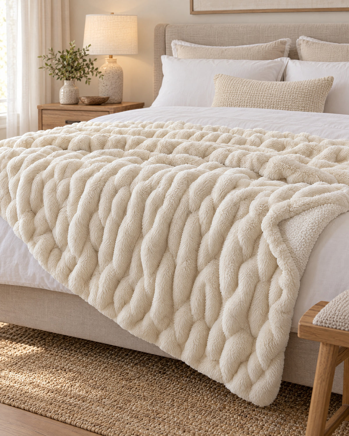 Ruched Bubble Plush Blanket, Cream, Sherpa Back laid across the end of a bed