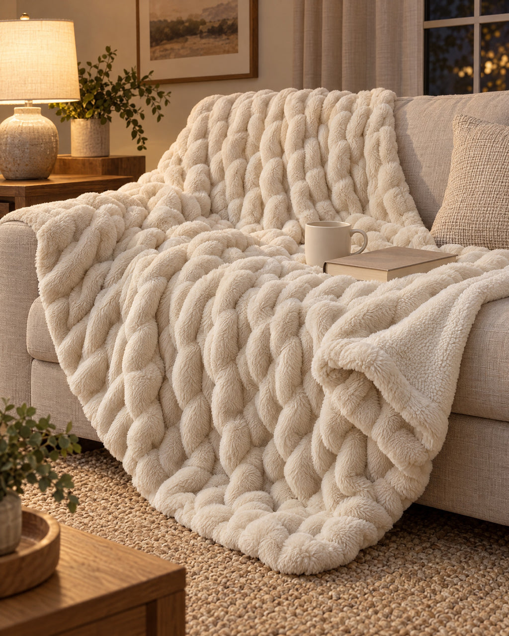 Ruched Bubble Plush Blanket, Cream, Sherpa Back on a sofa in warm evening light