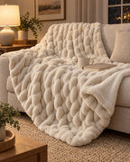 Ruched Bubble Plush Blanket, Cream, Sherpa Back on a sofa in warm evening light