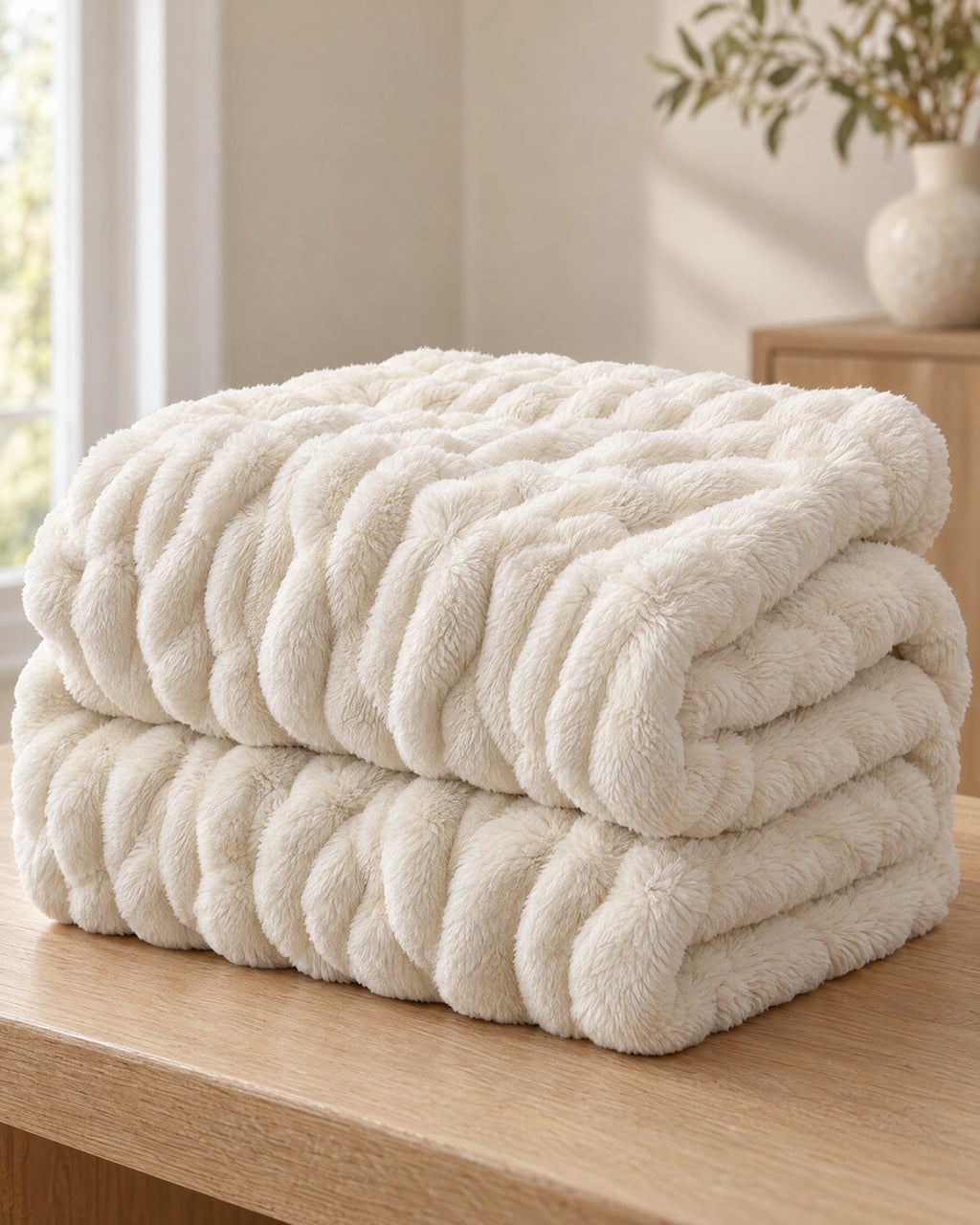 Ruched Bubble Plush Blanket, Cream, Sherpa Back folded into a stack, showing its thickness