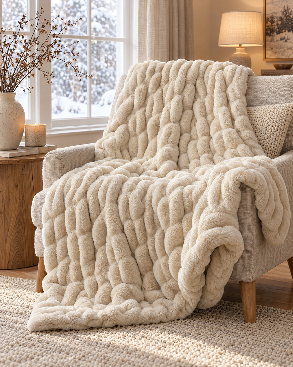 Ruched Bubble Plush Blanket, Cream, Sherpa Back draped over an armchair by a winter window