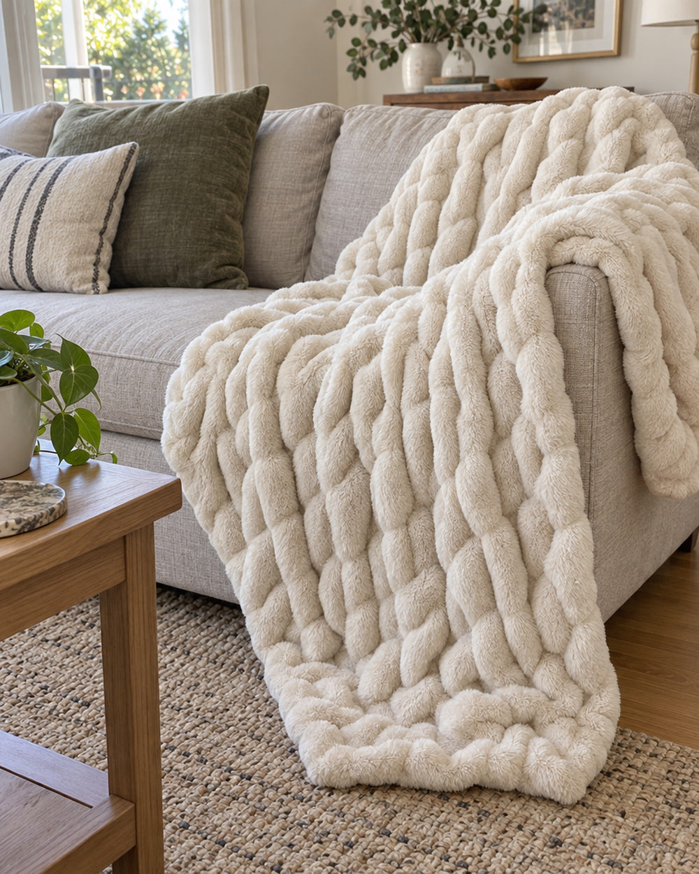 Ruched Bubble Plush Blanket, Cream, Sherpa Back in a real home