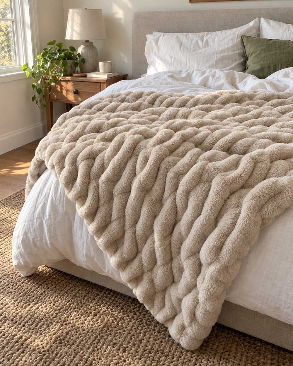 Ruched Bubble Plush Blanket, Cream, Sherpa Back in a real home