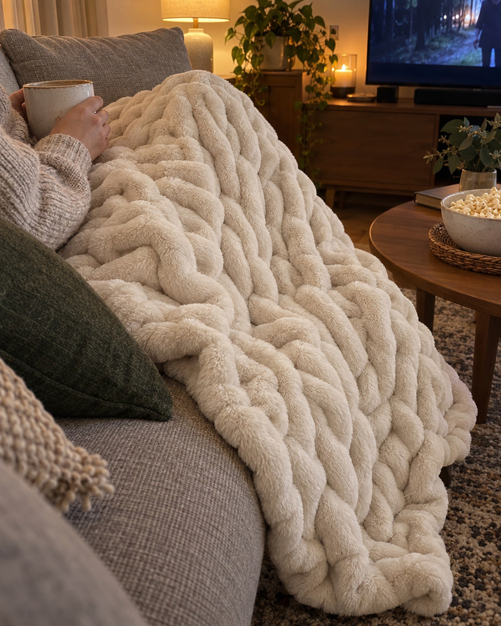 Ruched Bubble Plush Blanket, Cream, Sherpa Back in a real home