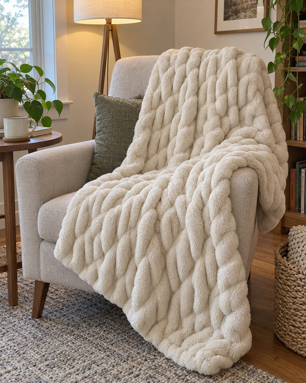 Ruched Bubble Plush Blanket, Cream, Sherpa Back in a real home