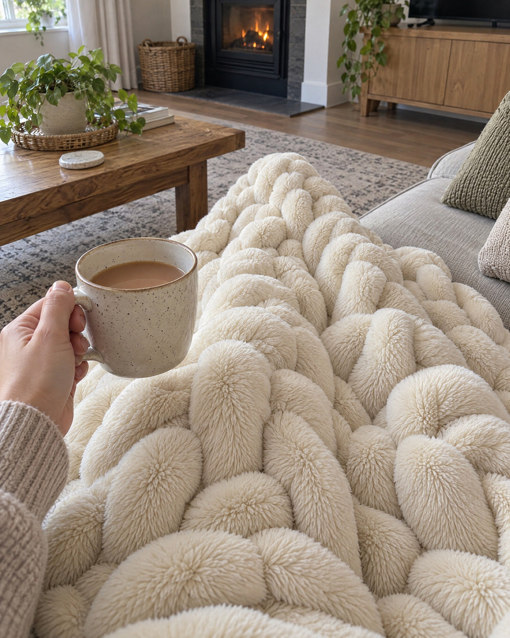 Ruched Bubble Plush Blanket, Cream, Sherpa Back in a real home