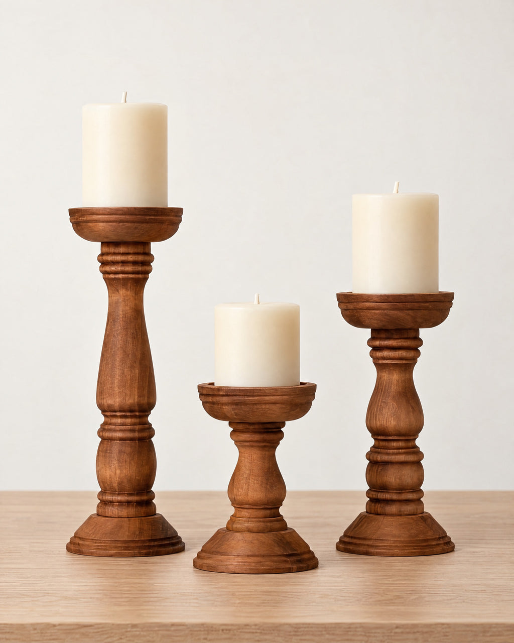 Bosco Farmhouse Wood Candle Holders, Set of 3 on a light oak tabletop against a seamless studio backdrop