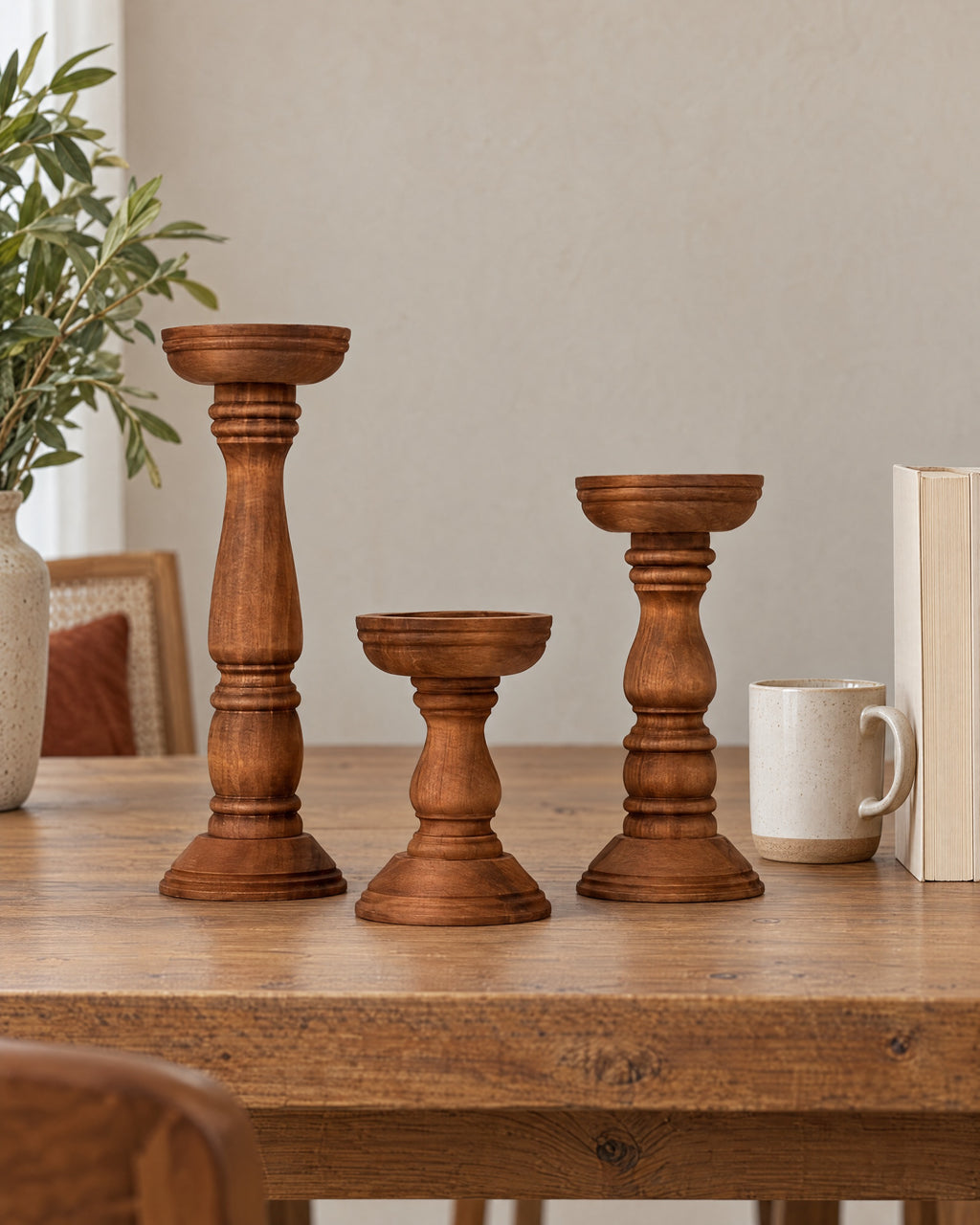 Bosco Farmhouse Wood Candle Holders, Set of 3 shown at true scale