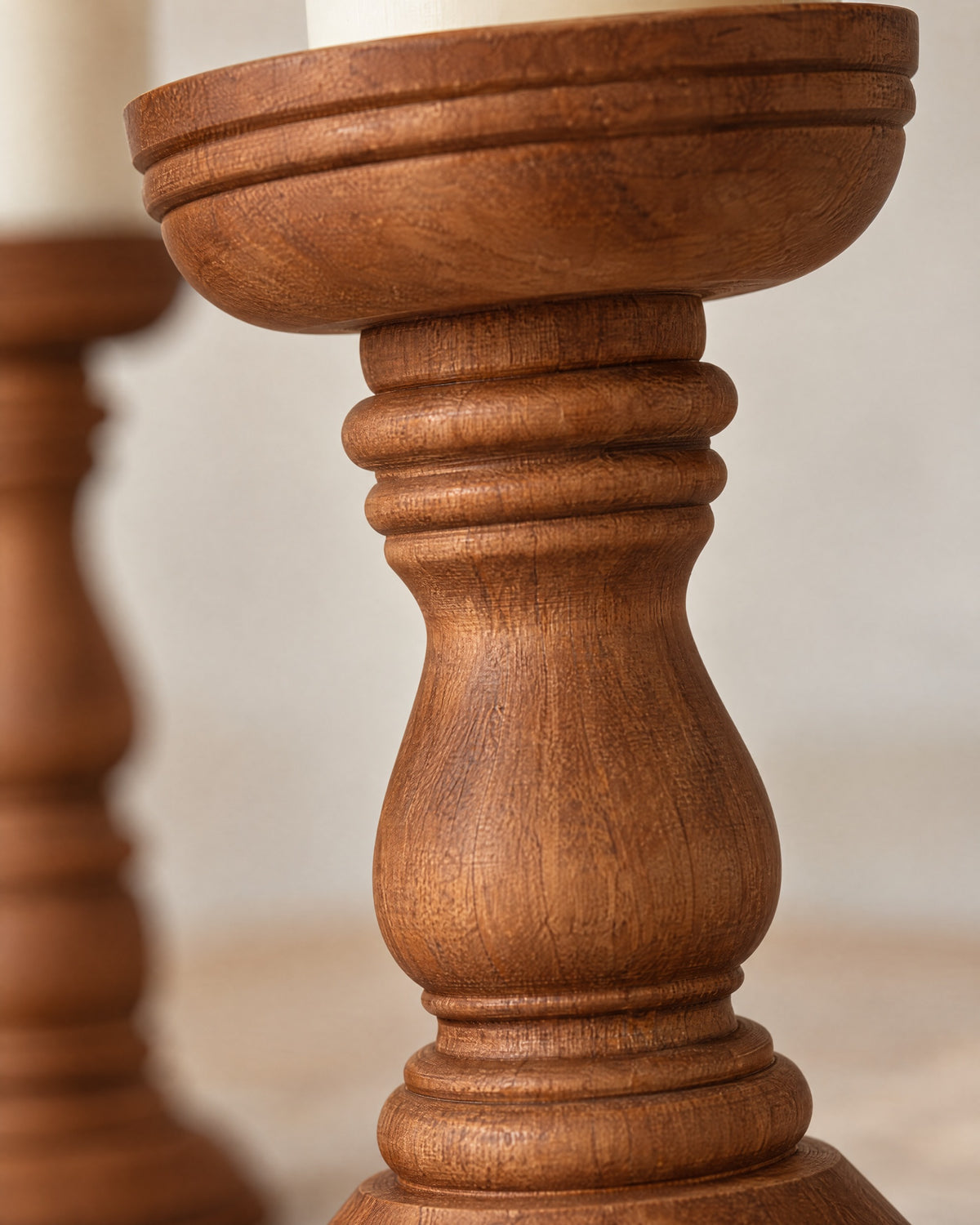 Close-up of the material and finish of the Bosco Farmhouse Wood Candle Holders, Set of 3