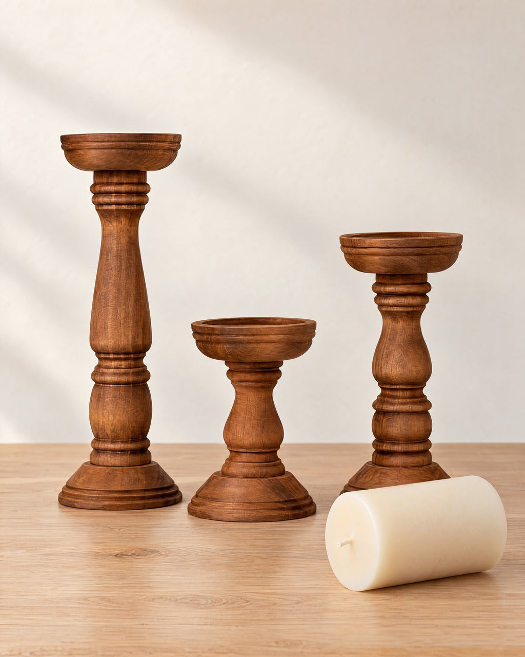 Bosco Farmhouse Wood Candle Holders, Set of 3 with the candle type that fits, shown beside it
