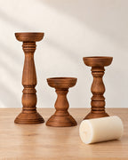Bosco Farmhouse Wood Candle Holders, Set of 3 with the candle type that fits, shown beside it
