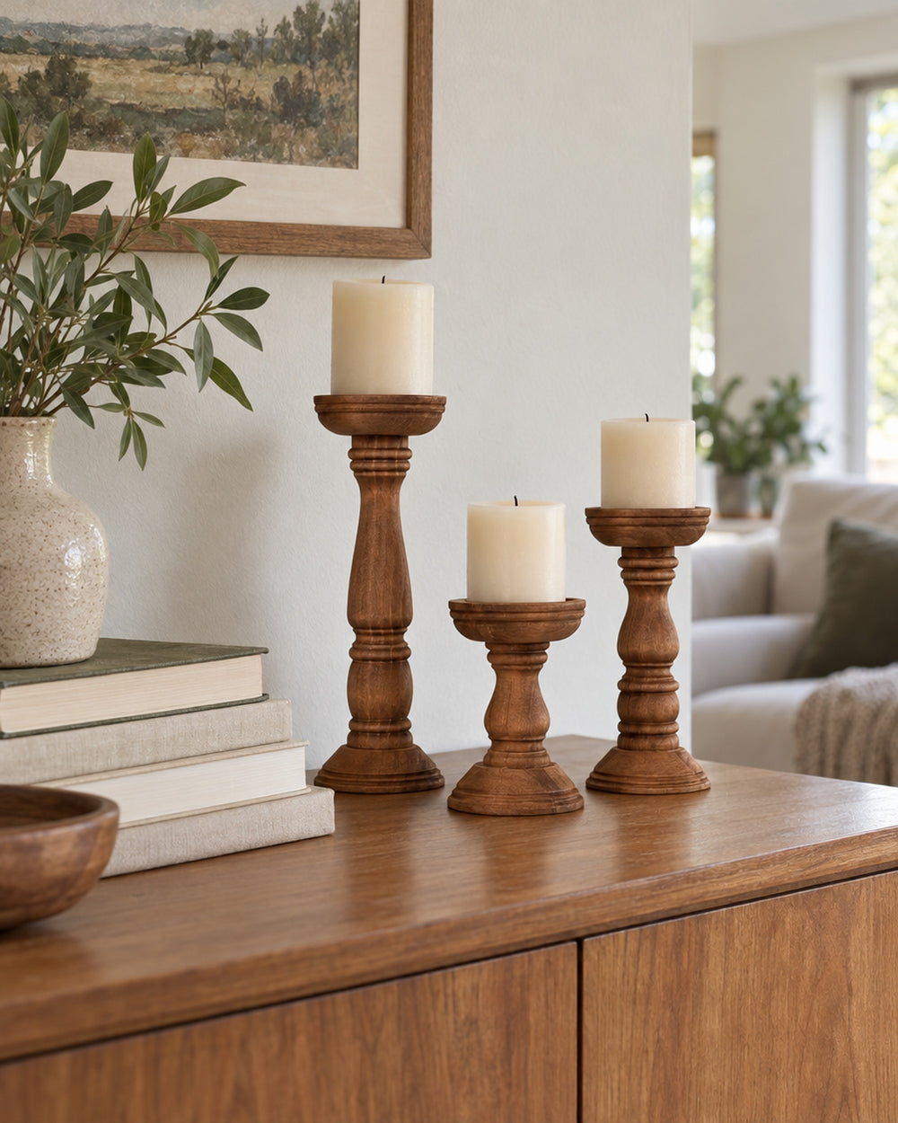 Bosco Farmhouse Wood Candle Holders, Set of 3 in a real home