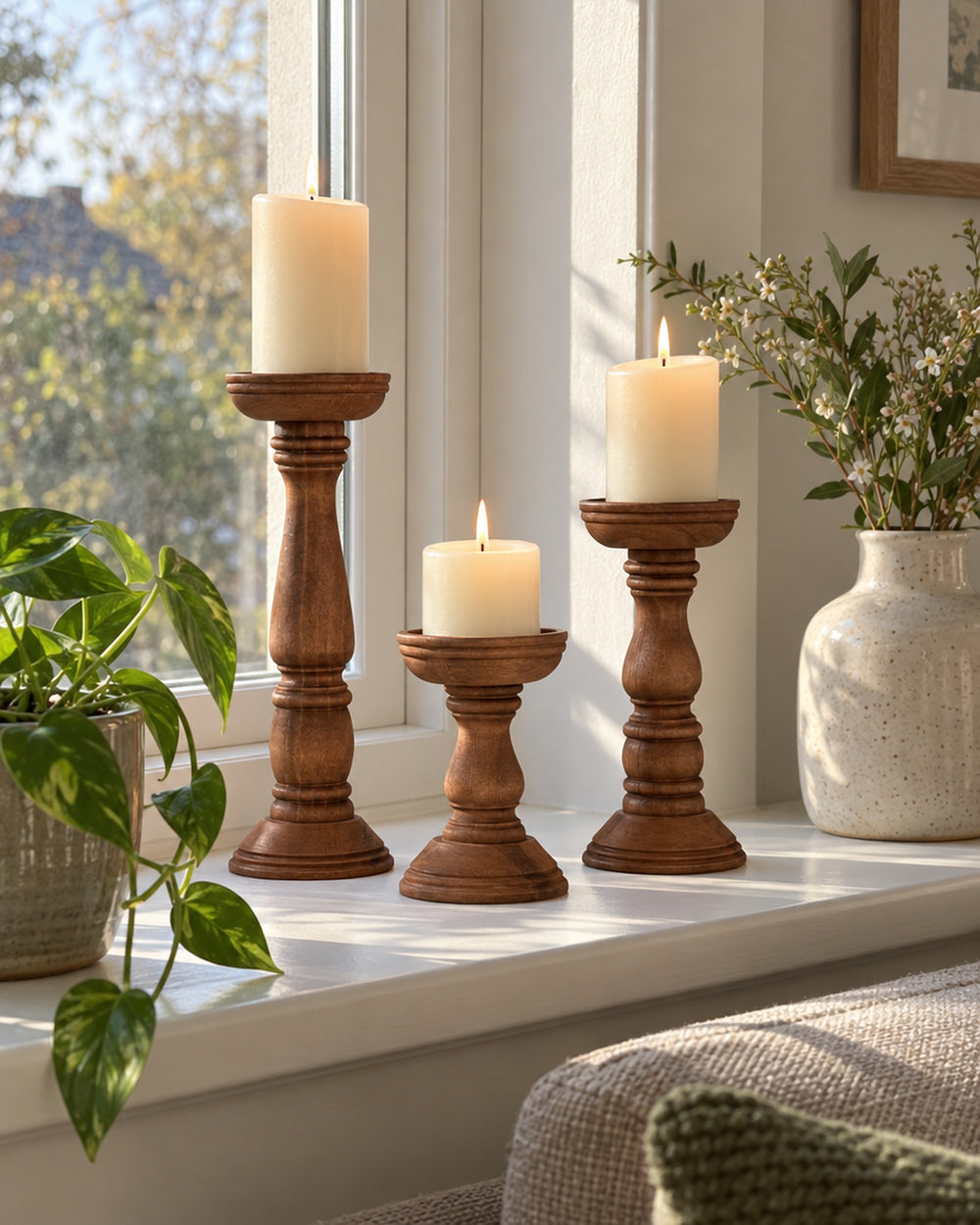Bosco Farmhouse Wood Candle Holders, Set of 3 in a real home