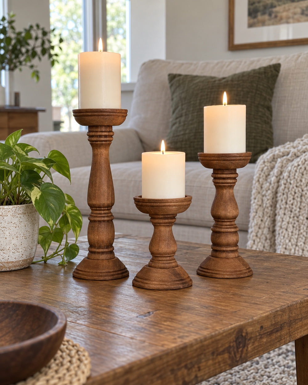 Bosco Farmhouse Wood Candle Holders, Set of 3 in a real home