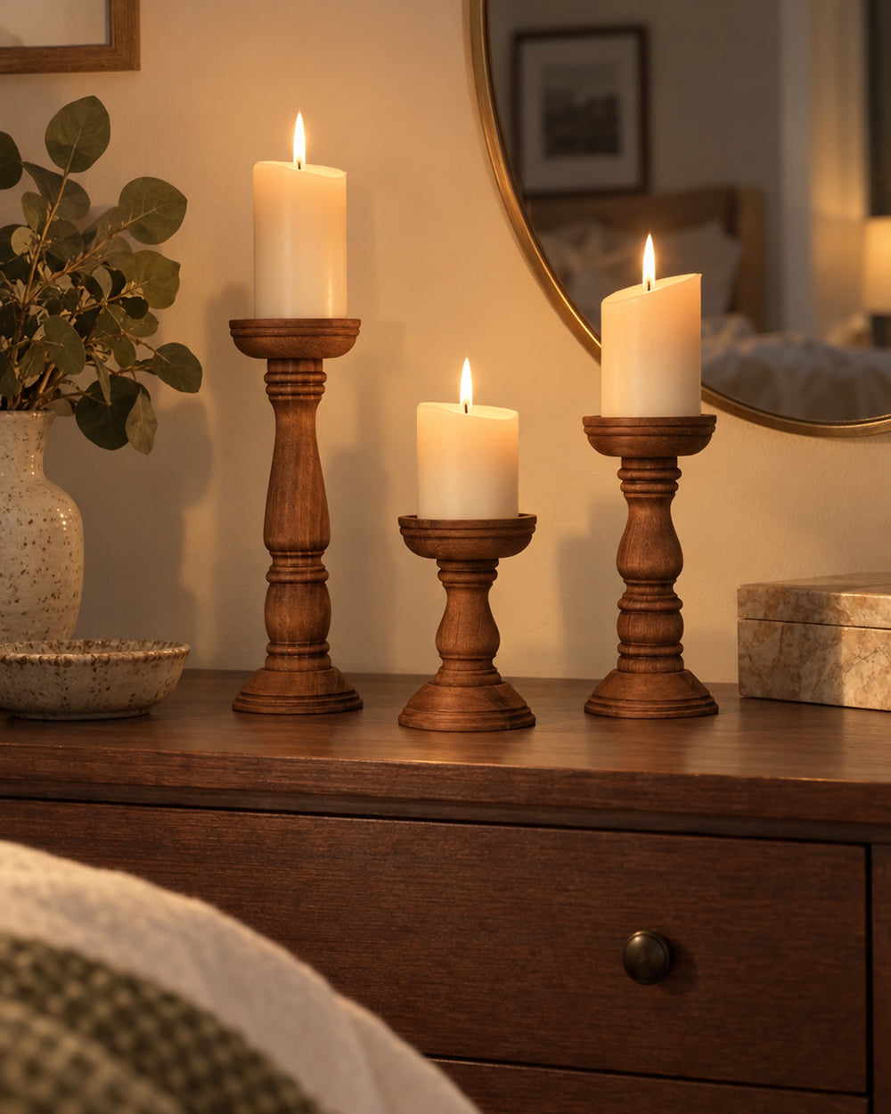 Bosco Farmhouse Wood Candle Holders, Set of 3 in a real home