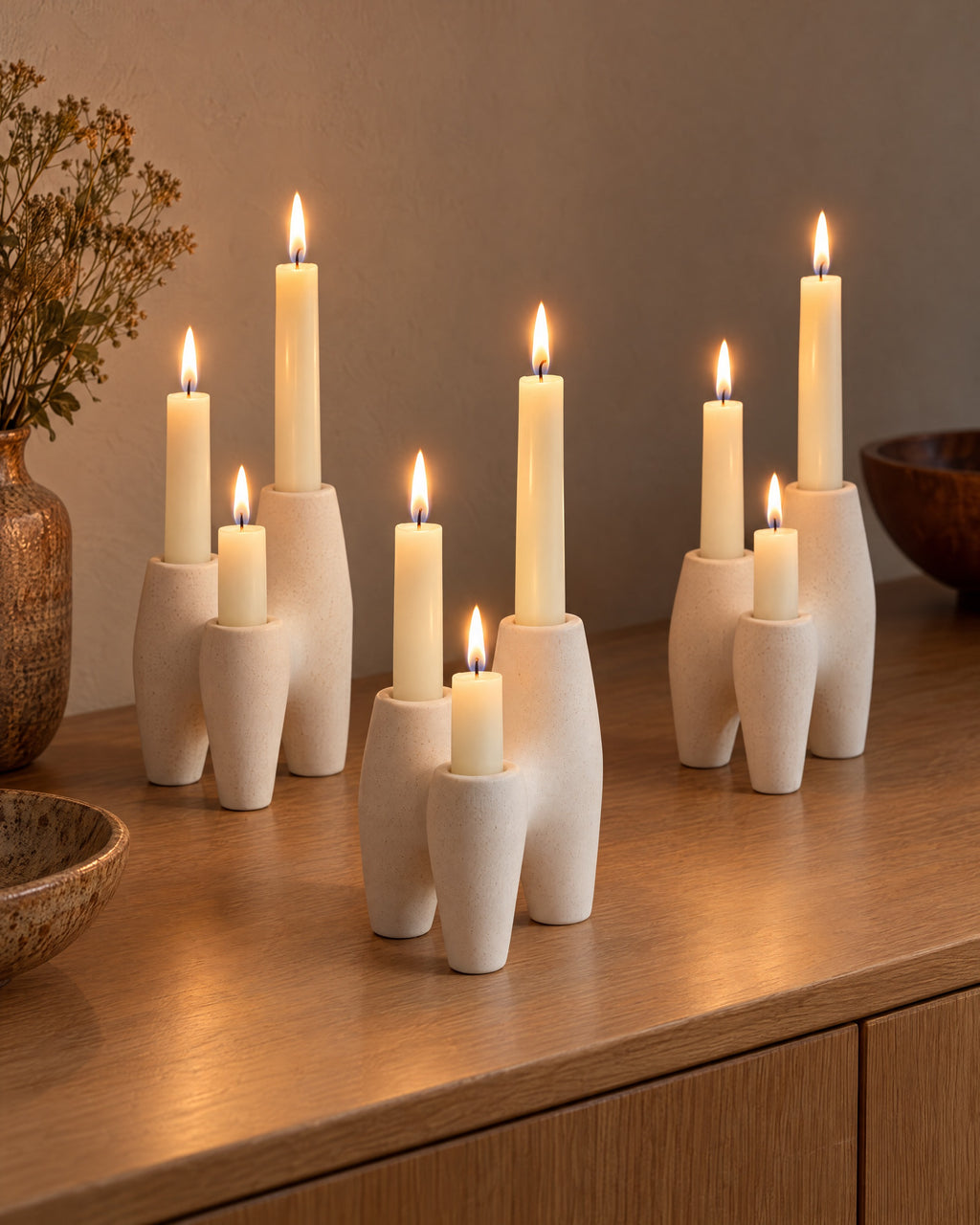 Duna Sculptural Ceramic Candle Holder, three styled together with lit candles