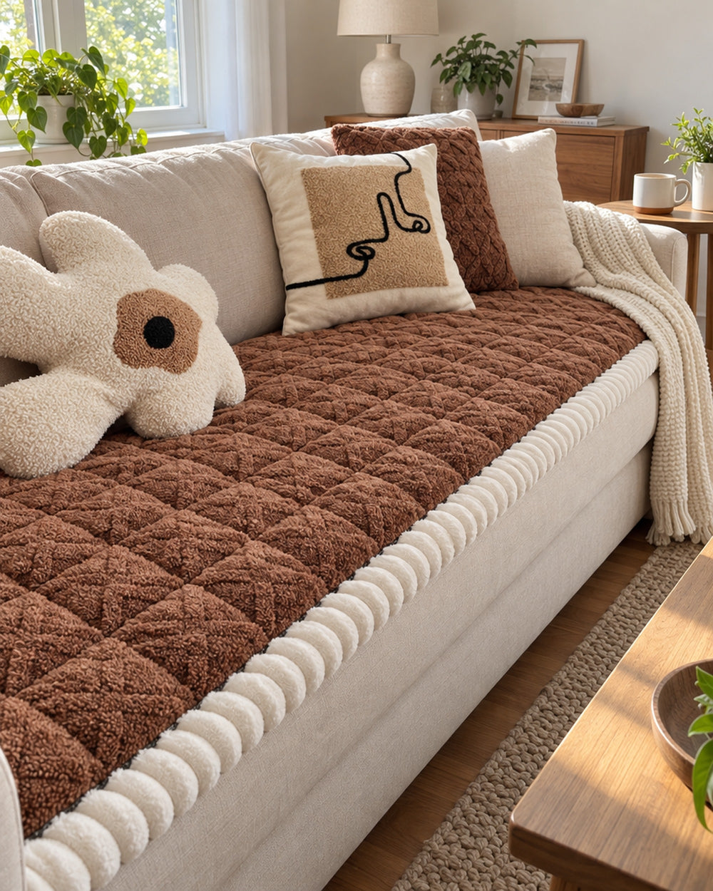 Snuggle Sherpa Plush Sofa Protector Cover in a real home
