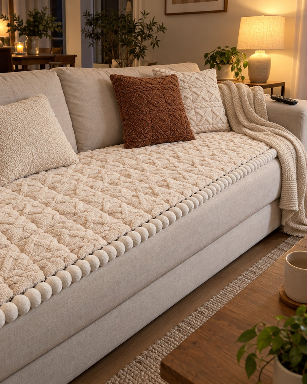 Snuggle Sherpa Plush Sofa Protector Cover in a real home