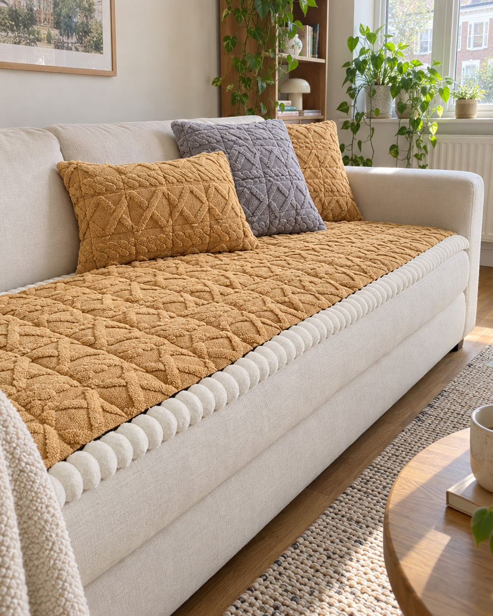 Snuggle Sherpa Plush Sofa Protector Cover in a real home
