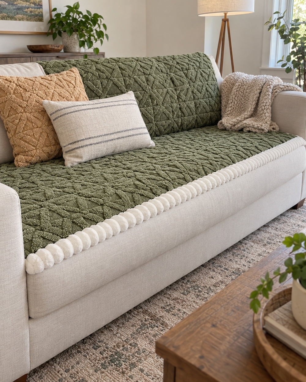 Snuggle Sherpa Plush Sofa Protector Cover in a real home