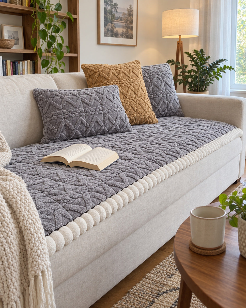 Snuggle Sherpa Plush Sofa Protector Cover in a real home
