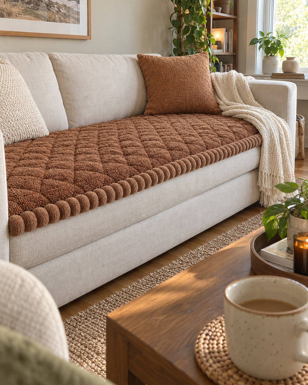 Snuggle Sherpa Plush Sofa Protector Cover in a real home