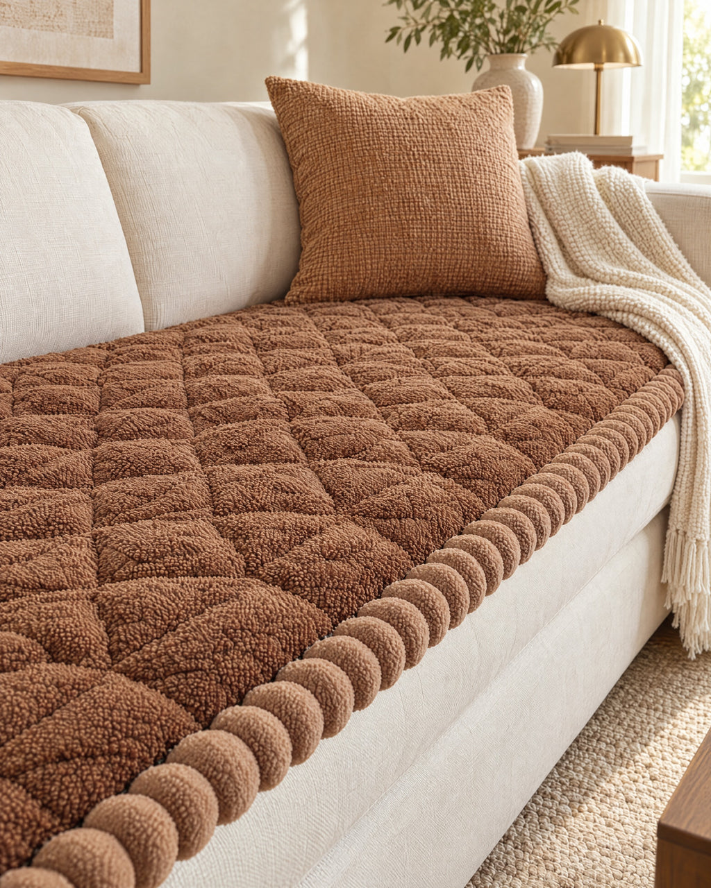 Mocha Brown: Snuggle Sherpa Plush Sofa Protector Cover, styled on a sofa