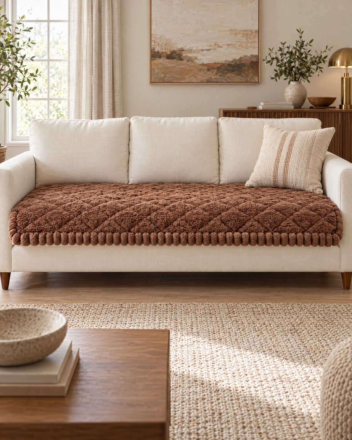 Mocha Brown: Snuggle Sherpa Plush Sofa Protector Cover shown on a full sofa
