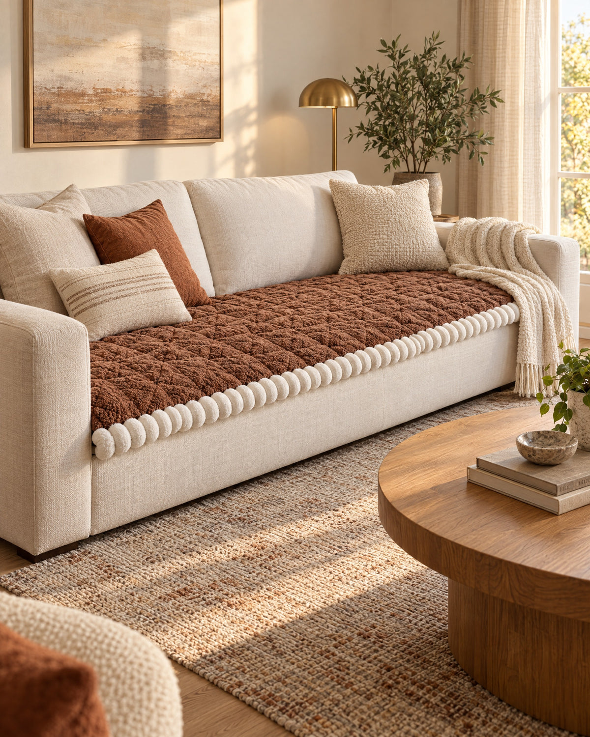 Mocha Brown: Snuggle Sherpa Plush Sofa Protector Cover in a warm living room