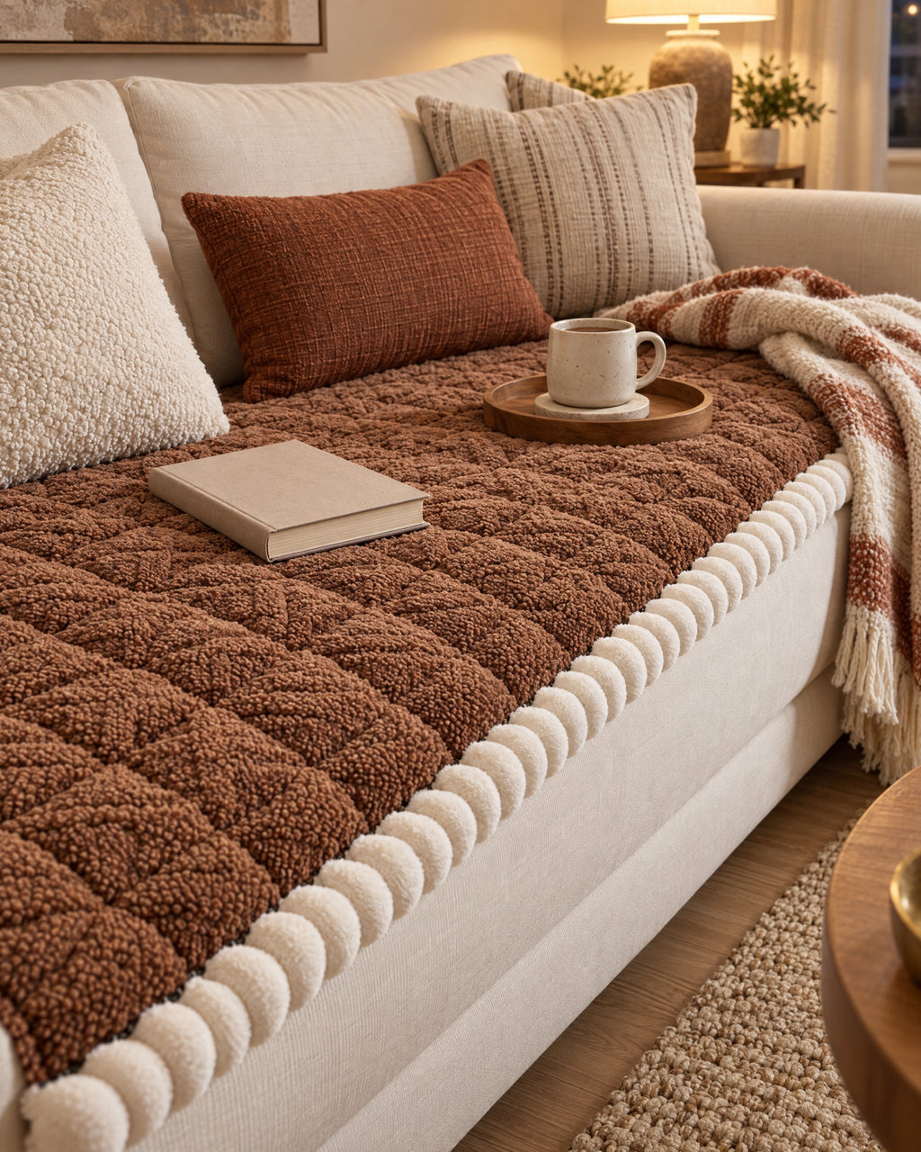 Mocha Brown: Snuggle Sherpa Plush Sofa Protector Cover on a cozy lived-in sofa