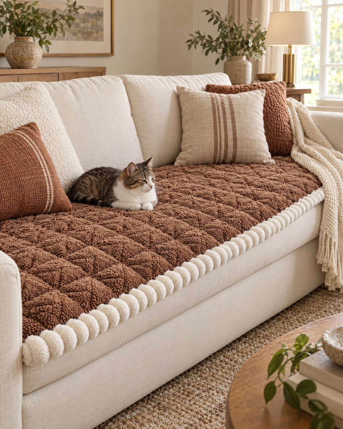 Mocha Brown: A cat resting on the Snuggle Sherpa Plush Sofa Protector Cover