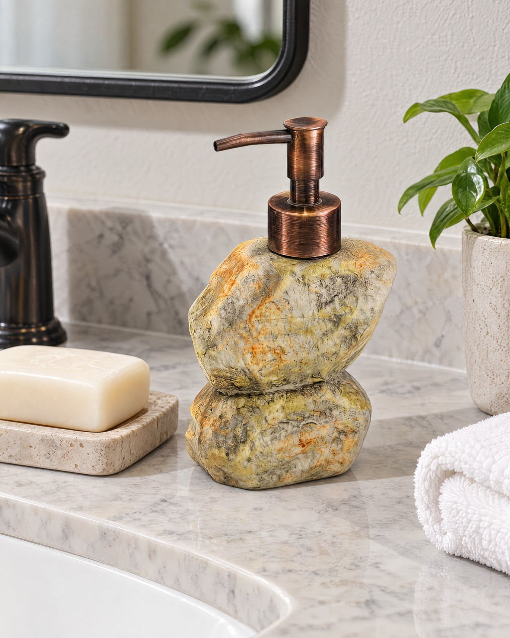 Stacked Stone Soap Dispenser, Ceramic, Bronze Pump, 10.5 oz shown at true scale on a countertop