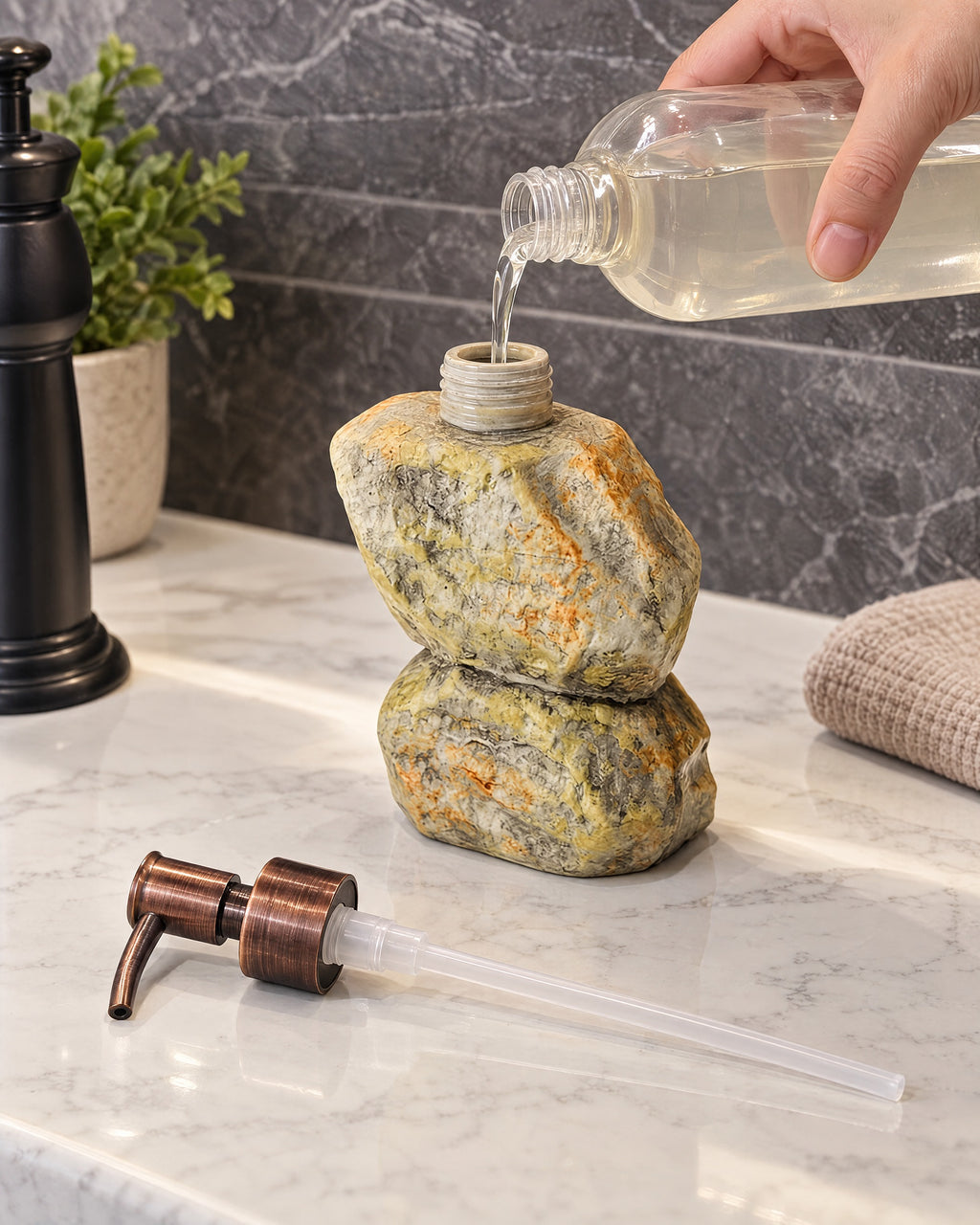 The Stacked Stone Soap Dispenser, Ceramic, Bronze Pump, 10.5 oz being refilled, pump set aside