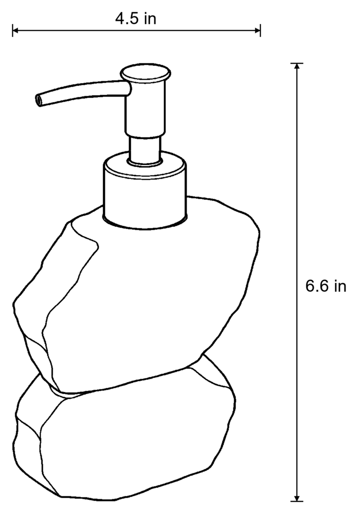 Dimensions sketch of the Stacked Stone-Look Ceramic Soap Dispenser, Bronze Pump, 10.5 oz with measurements