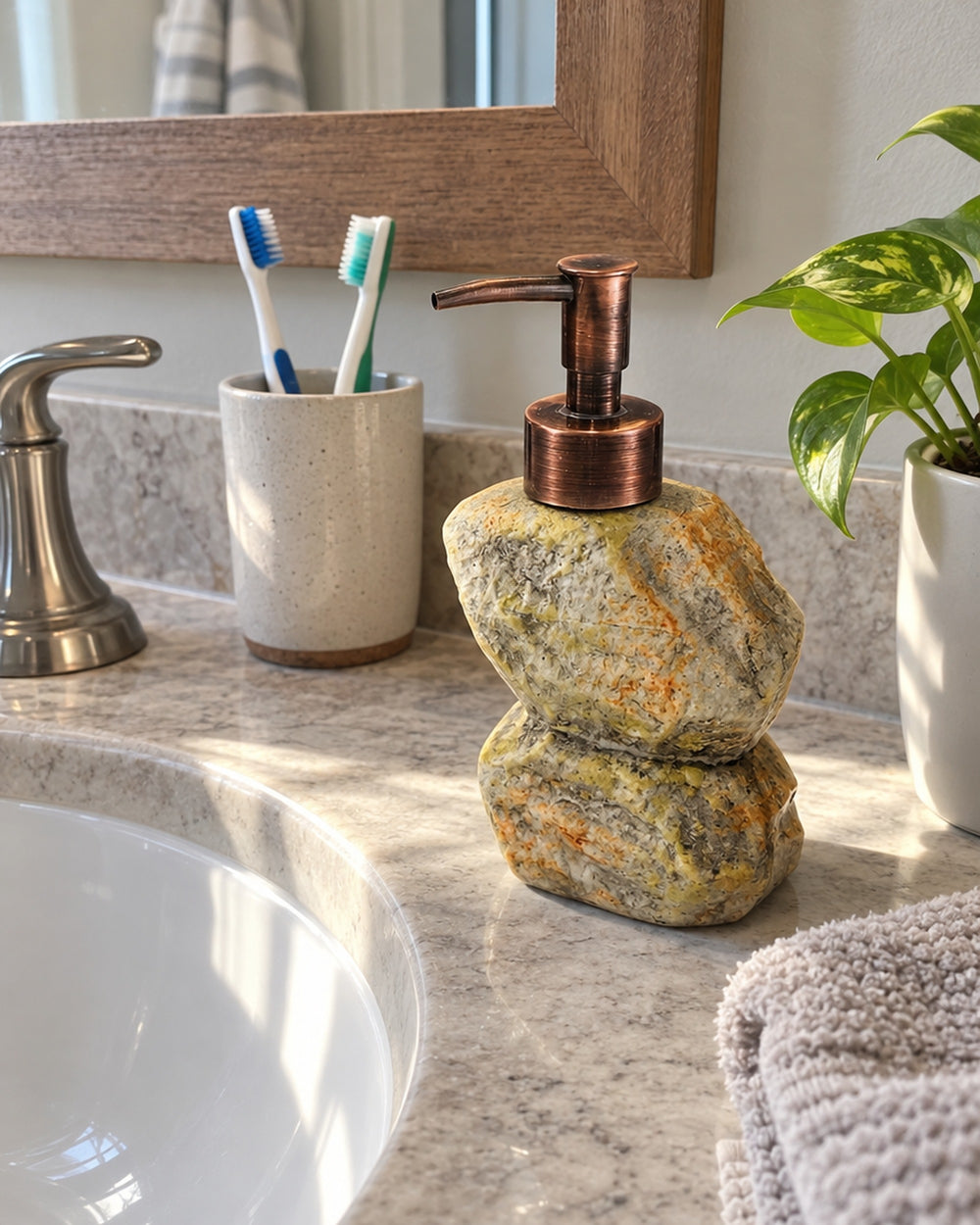 Stacked Stone Soap Dispenser, Ceramic, Bronze Pump, 10.5 oz in a real home