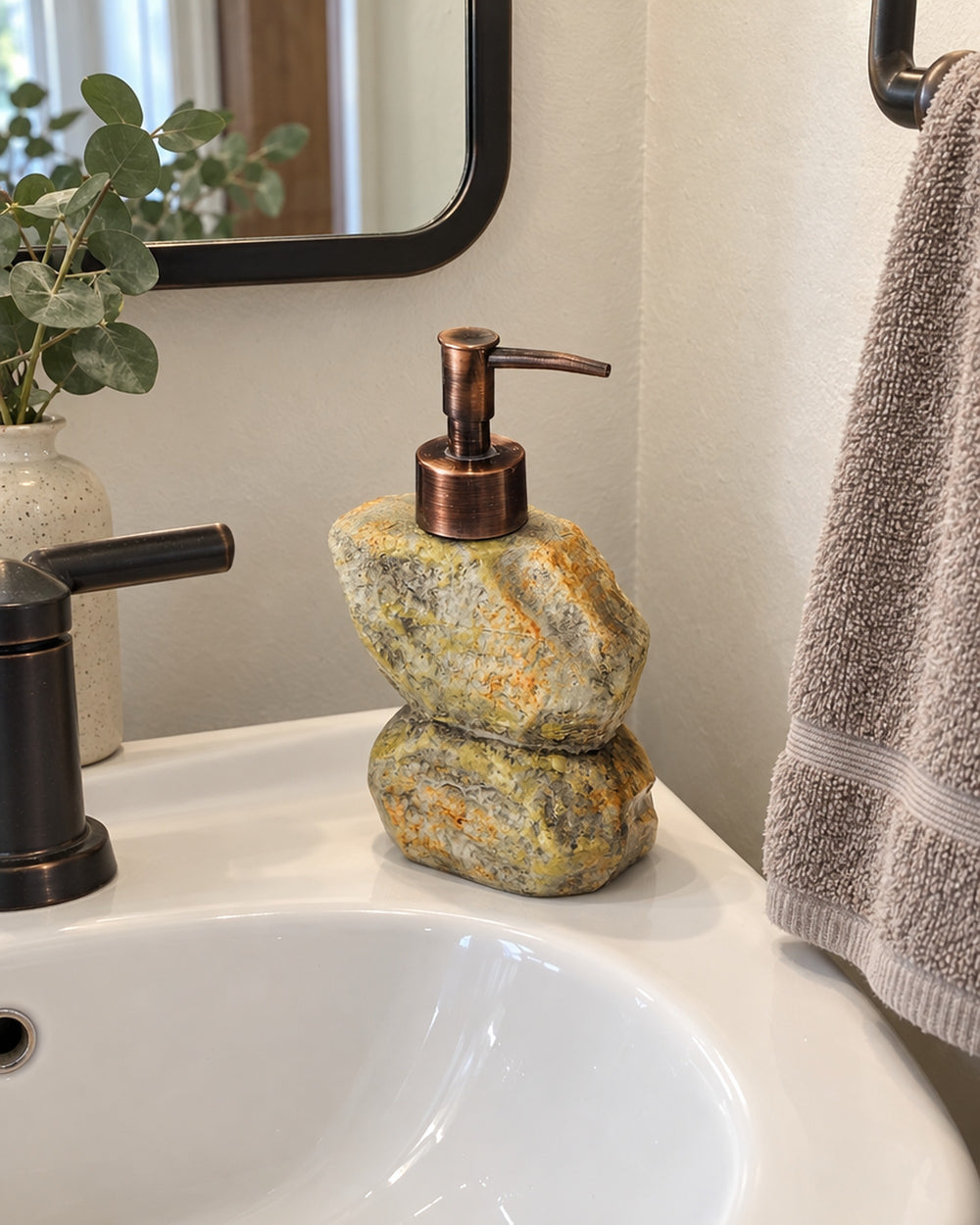 Stacked Stone Soap Dispenser, Ceramic, Bronze Pump, 10.5 oz in a real home
