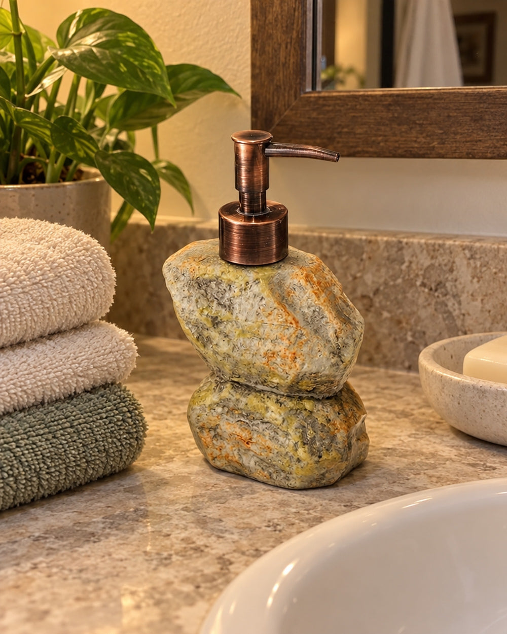 Stacked Stone Soap Dispenser, Ceramic, Bronze Pump, 10.5 oz in a real home
