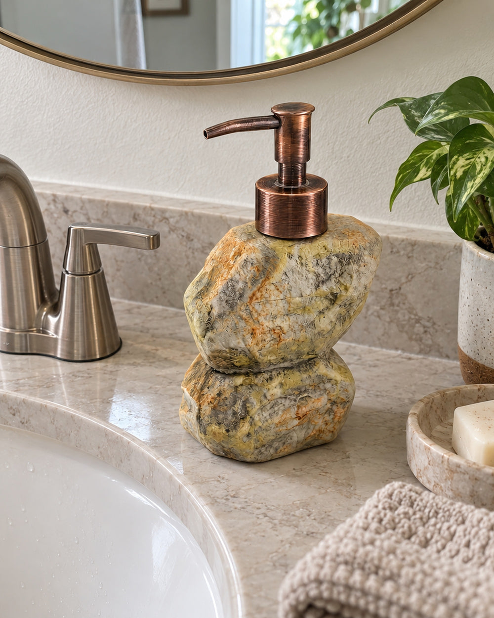 Stacked Stone-Look Ceramic Soap Dispenser, Bronze Pump, 10.5 oz in a real home