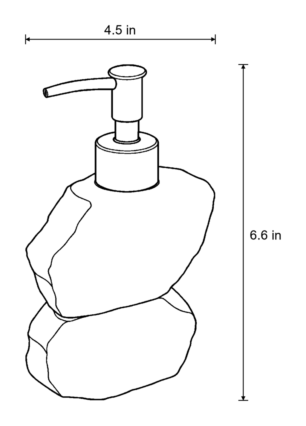Dimensions sketch of the Stacked Stone Soap Dispenser, Ceramic, Bronze Pump, 10.5 oz with measurements