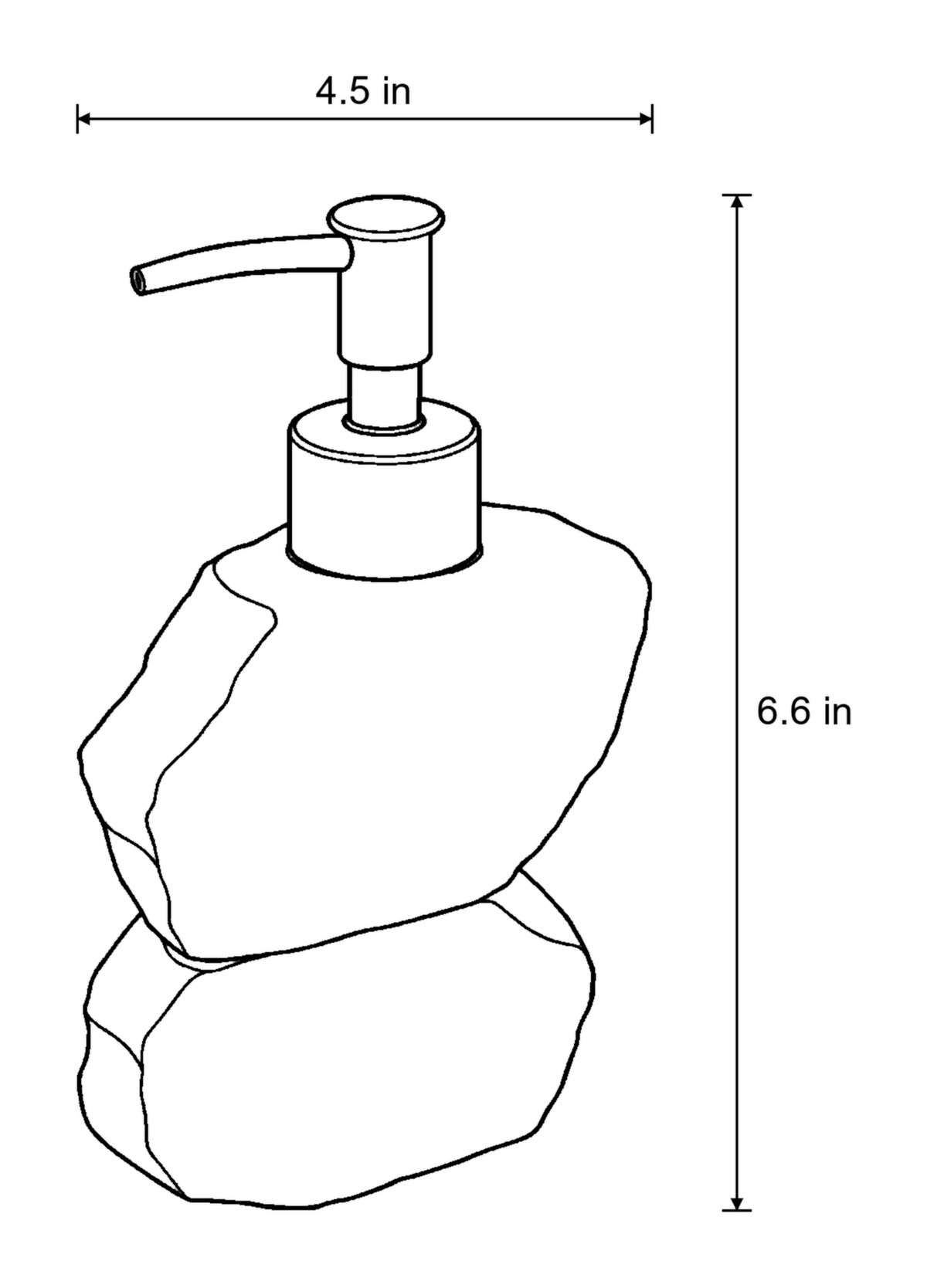 Dimensions sketch of the Stacked Stone Soap Dispenser, Ceramic, Bronze Pump, 10.5 oz with measurements