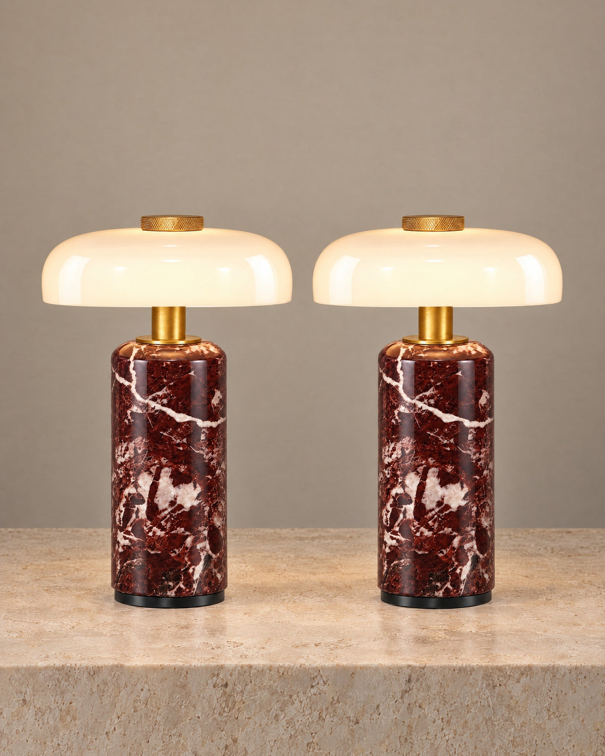 Stone Cordless Marble Nightstand Lamp, Set of 2, both lamps switched on