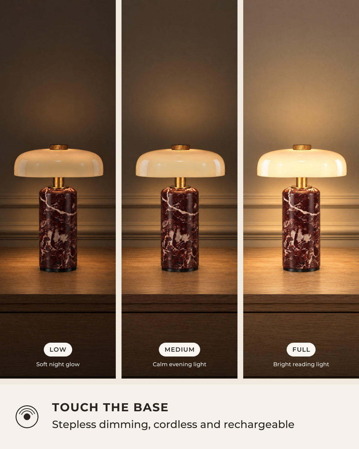 Red Marble: Stone Cordless Marble Nightstand Lamp, Set of 2 dimming levels, low, medium and full brightness