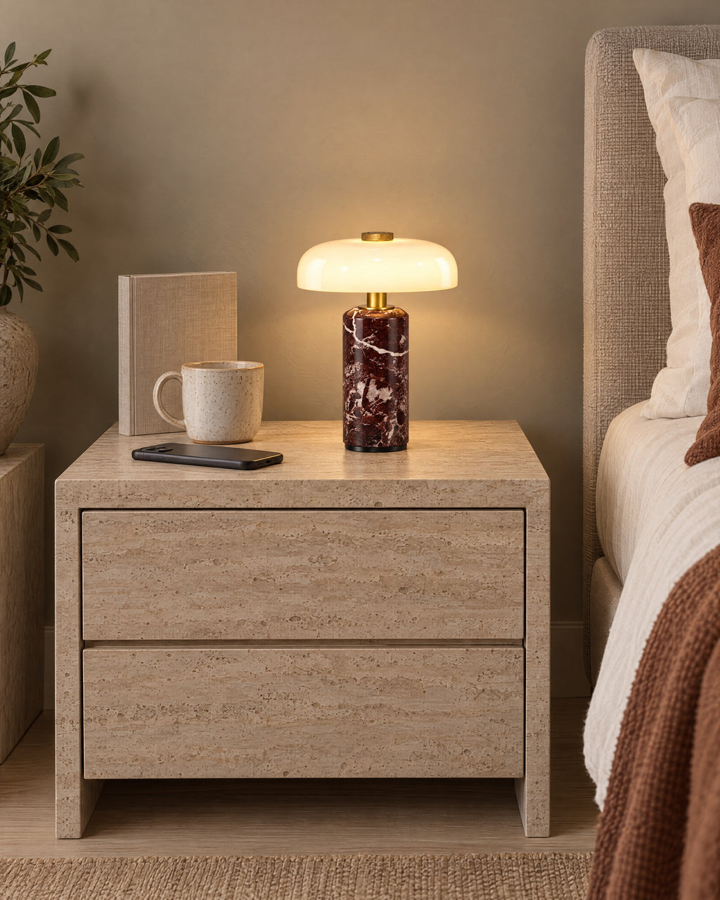 Red Marble: Stone Cordless Marble Nightstand Lamp on a standard nightstand with a paperback, phone and mug for scale