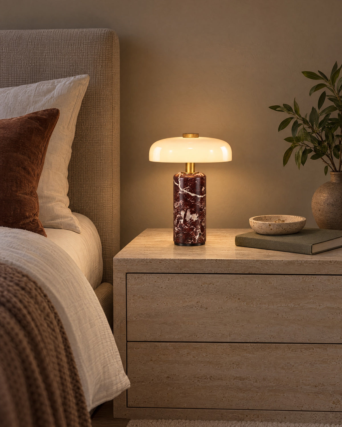 Red Marble: Stone Cordless Marble Nightstand Lamp in a styled bedroom at dusk