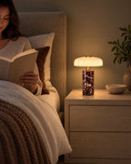 Red Marble: Stone Cordless Marble Nightstand Lamp as a reading light beside a woman reading in bed