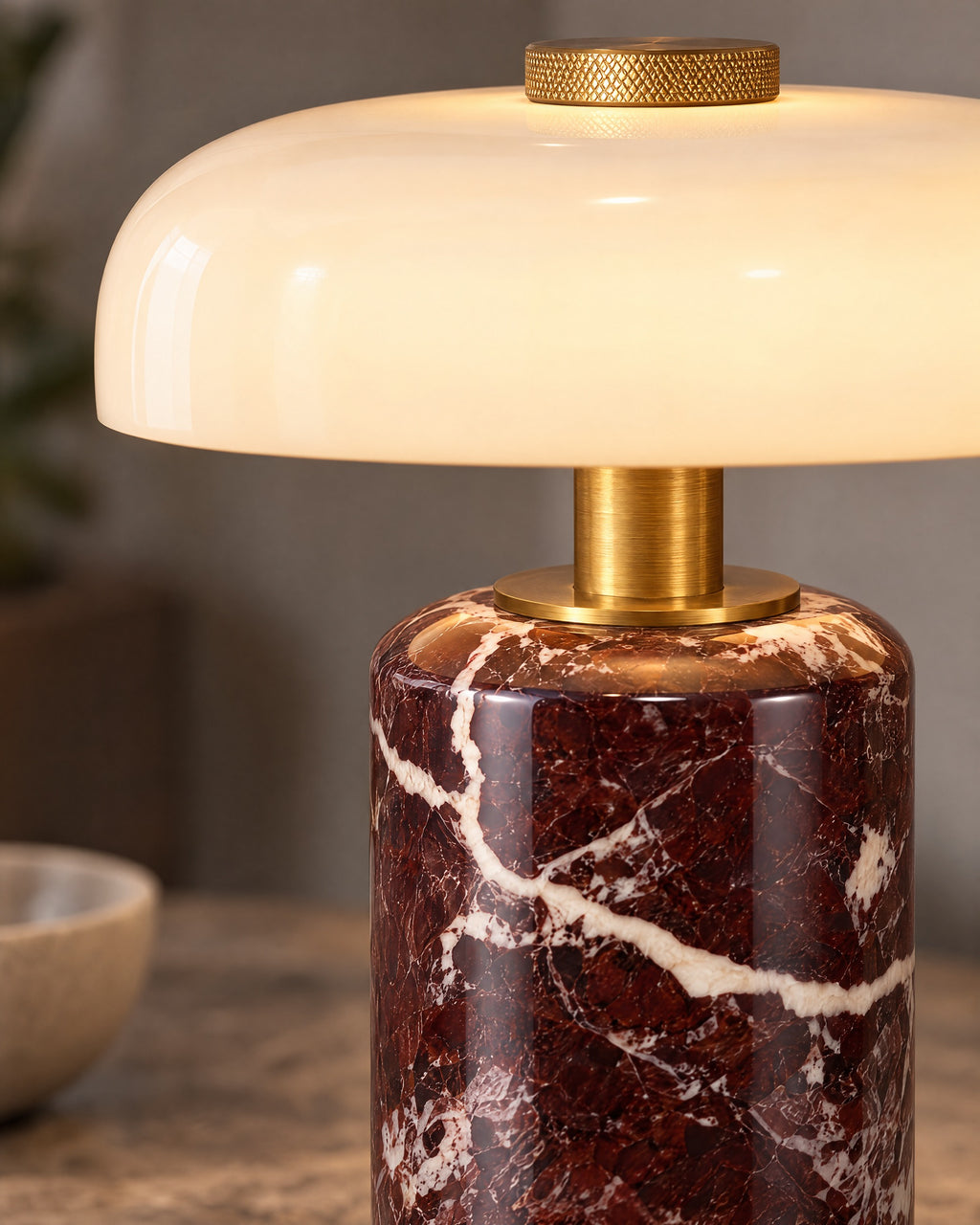 Red Marble: Close-up of the materials and finish of the Stone Cordless Marble Nightstand Lamp