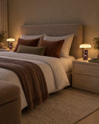 Red Marble: Two Stone Cordless Marble Nightstand Lamp lamps flanking a bed at night