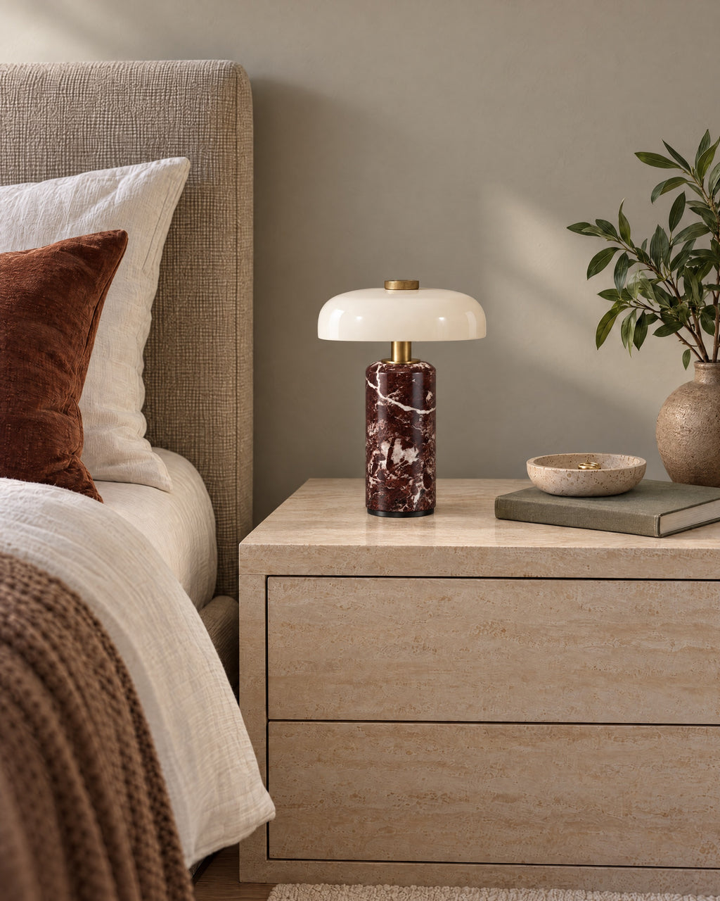 Red Marble: Stone Cordless Marble Nightstand Lamp switched off in soft morning daylight
